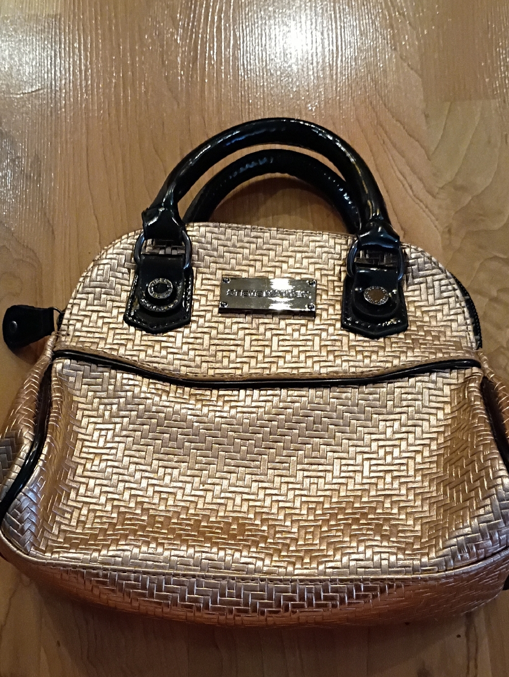 Steve Madden Gold Woven Handbag with Black Trim